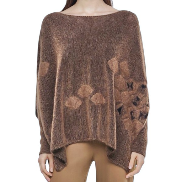 Sarah Pacini Sweaters - SARAH PACINI Brown Jacquard Poncho Sweater Long Sleeve Merino Wool Mohair O/S